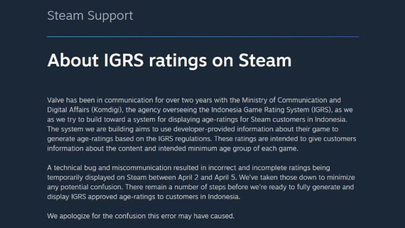 IGRS Jadi Sorotan, Pemerintah Bakal Selidiki Kisruh Rating Usia Game di Steam