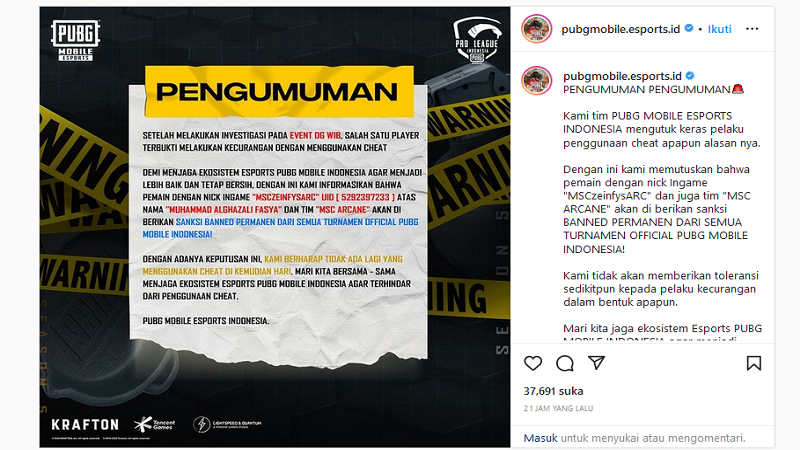 Terbukti Curang, Tim MSC Arcane Dilarang Ikut Turnamen PUBG Mobile